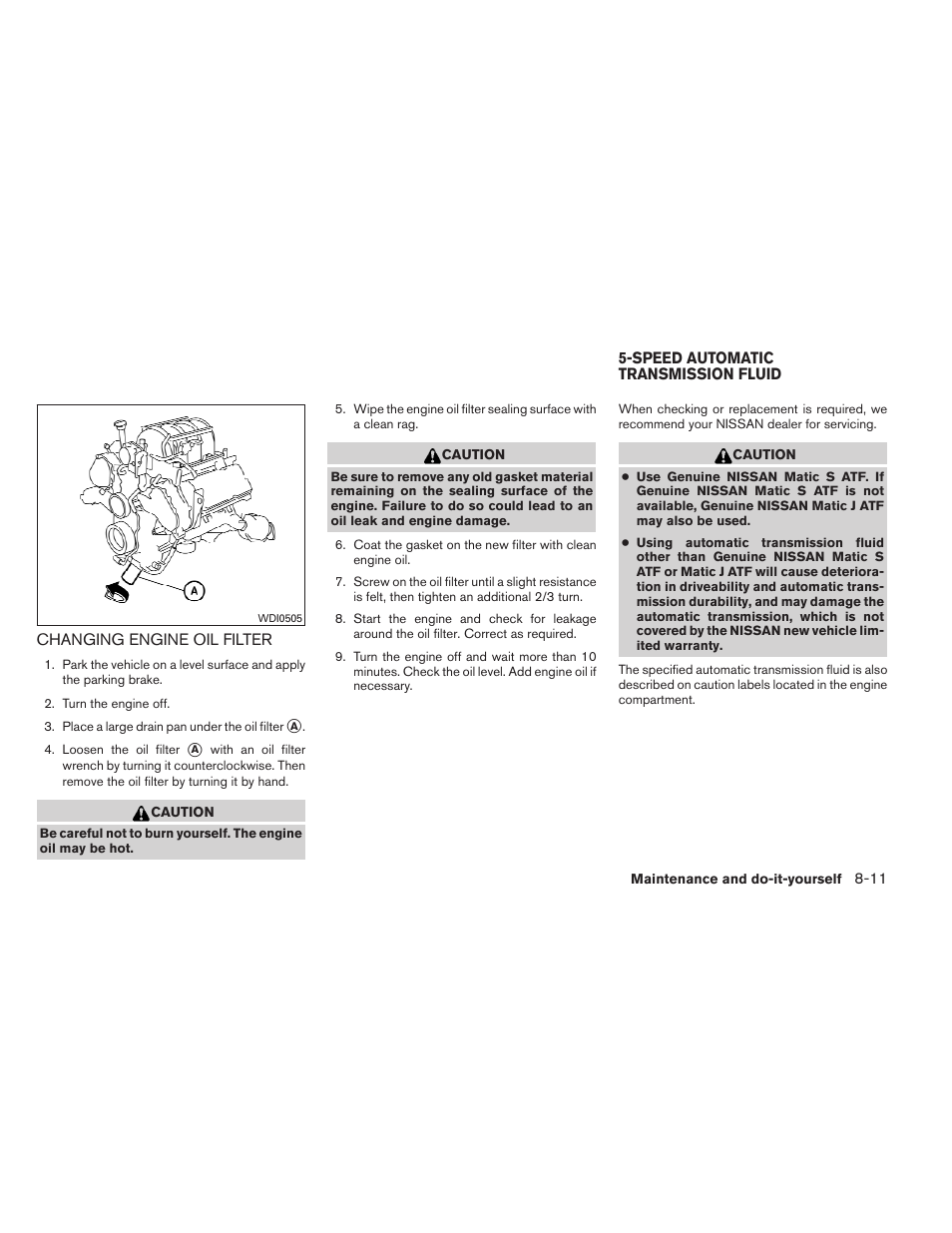 Changing engine oil filter -11, Speed automatic transmission fluid -11 | NISSAN 2012 Titan - Owner's Manual User Manual | Page 320 / 406