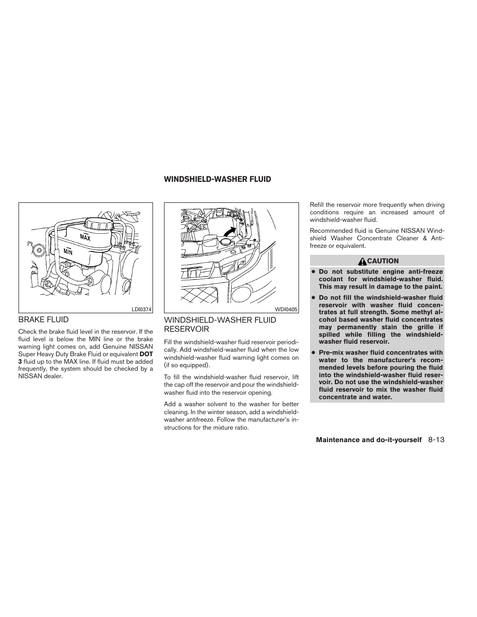 Brake fluid -13, Windshield-washer fluid -13, Windshield-washer fluid reservoir -13 | NISSAN 2012 Titan - Owner's Manual User Manual | Page 322 / 406