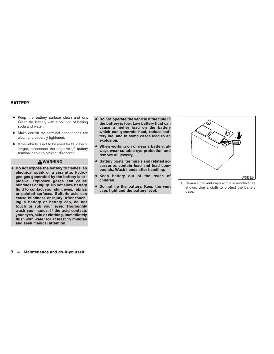 Battery -14 | NISSAN 2012 Titan - Owner's Manual User Manual | Page 323 / 406