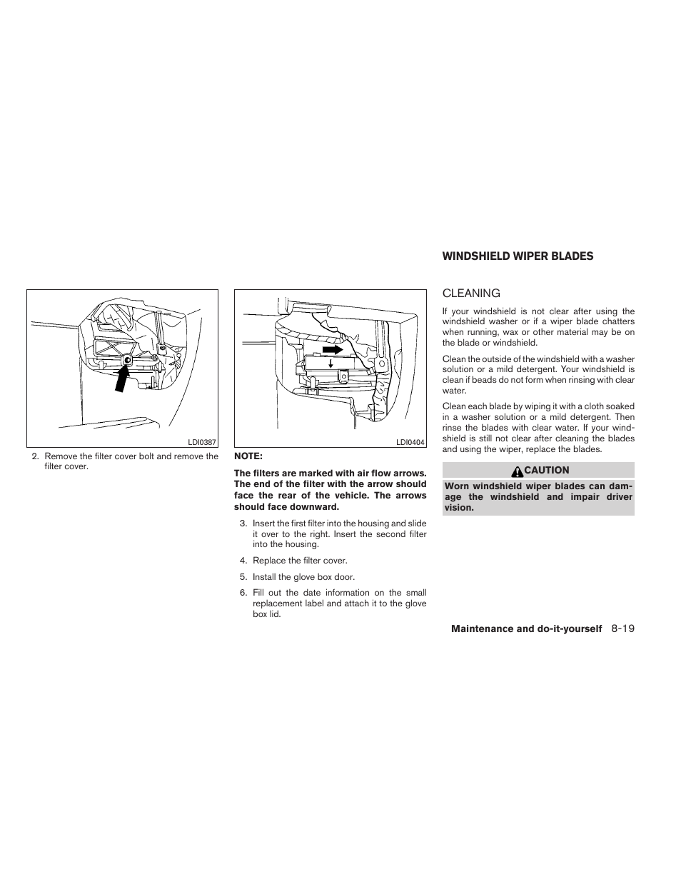 Windshield wiper blades -19, Cleaning -19 | NISSAN 2012 Titan - Owner's Manual User Manual | Page 328 / 406