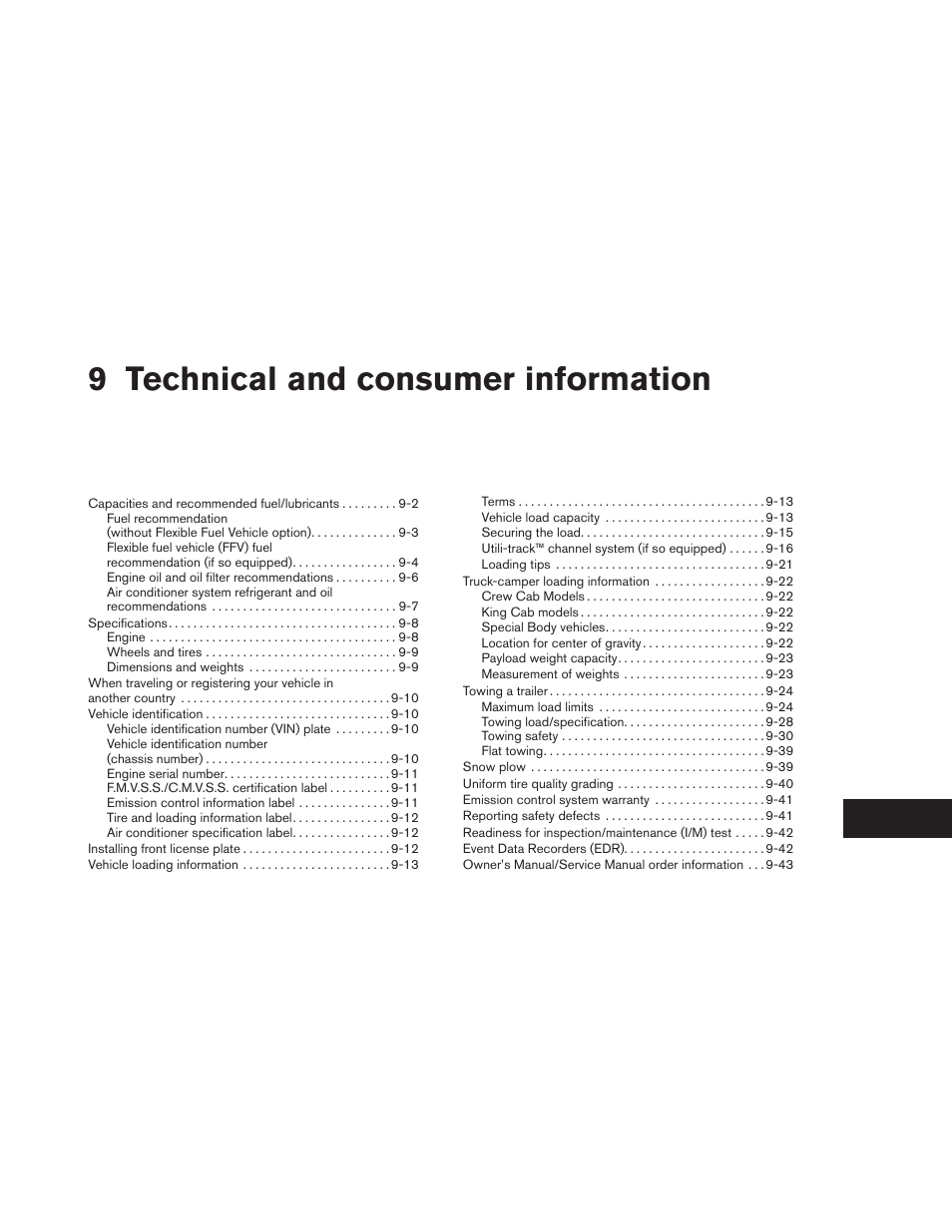 Technical and consumer information, 9 technical and consumer information | NISSAN 2012 Titan - Owner's Manual User Manual | Page 354 / 406