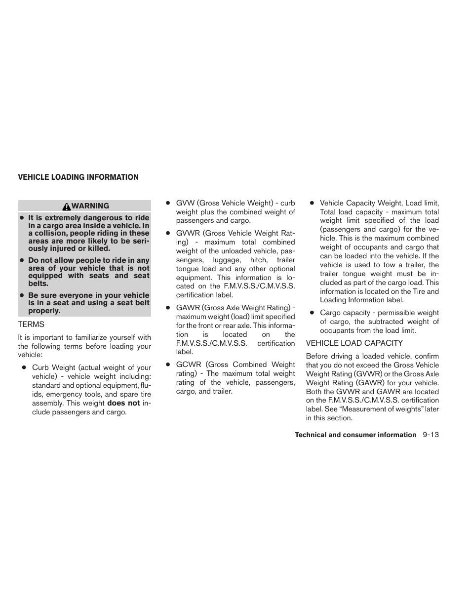 Vehicle loading information -13, Terms -13 vehicle load capacity -13 | NISSAN 2012 Titan - Owner's Manual User Manual | Page 366 / 406