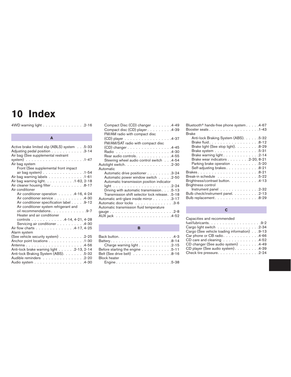 Index, 10 index | NISSAN 2012 Titan - Owner's Manual User Manual | Page 398 / 406