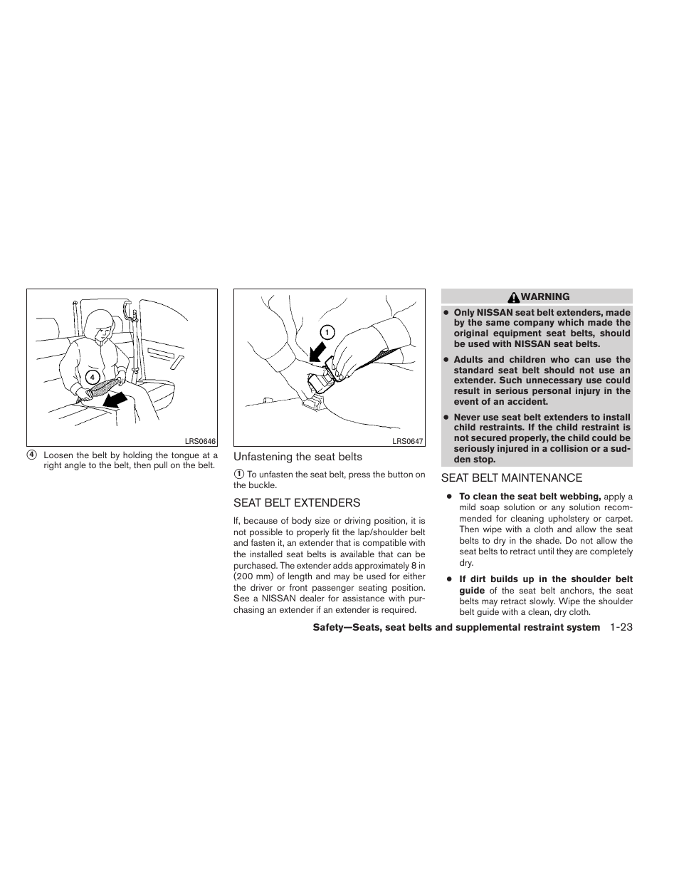 Seat belt extenders -23 seat belt maintenance -23 | NISSAN 2012 Titan - Owner's Manual User Manual | Page 40 / 406