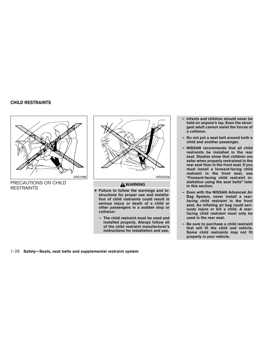 Child restraints -26, Precautions on child restraints -26 | NISSAN 2012 Titan - Owner's Manual User Manual | Page 43 / 406