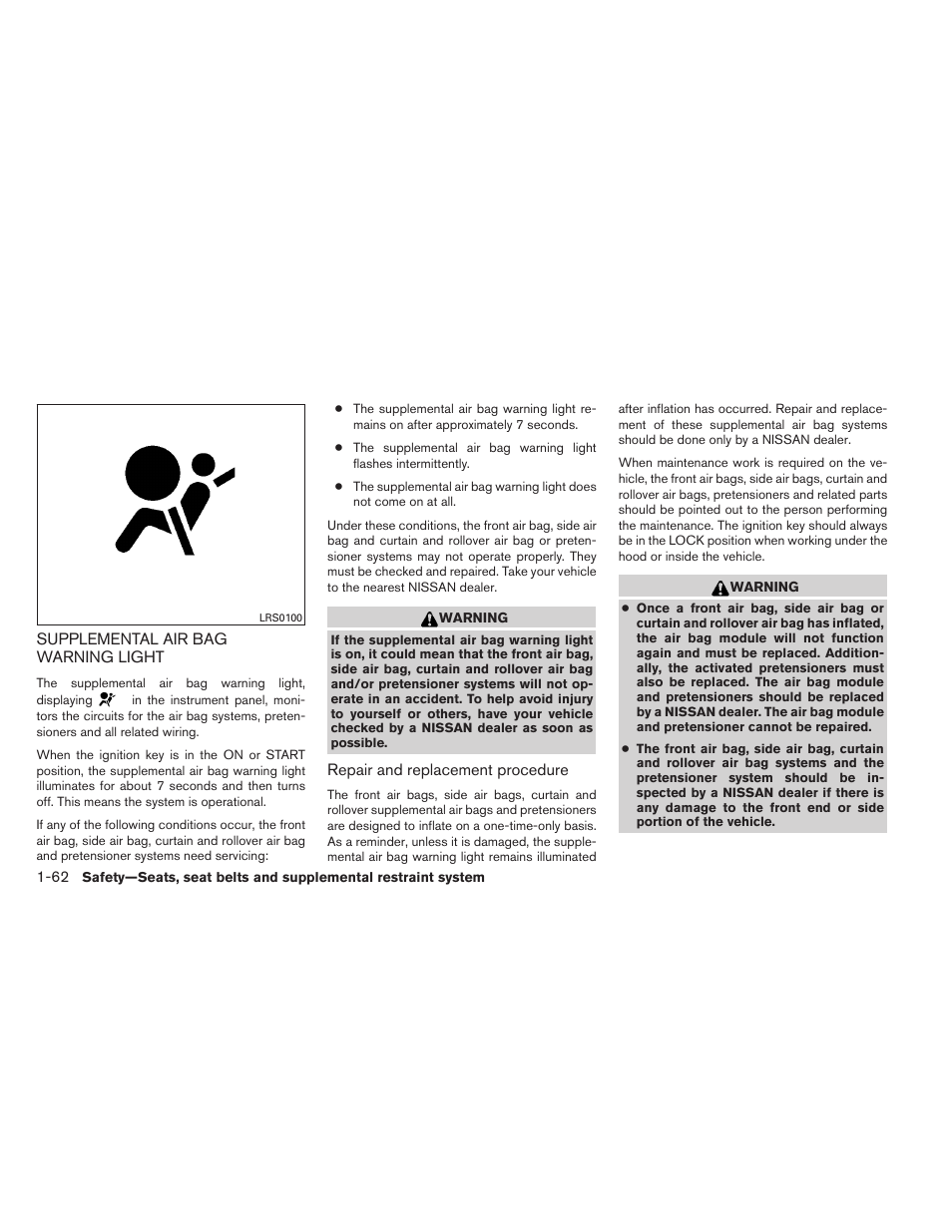 Supplemental air bag warning light -62 | NISSAN 2012 Titan - Owner's Manual User Manual | Page 79 / 406