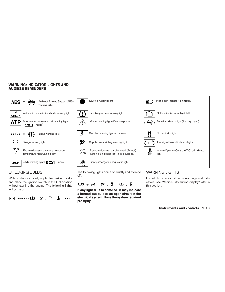 Warning/indicator lights and audible reminders -13, Checking bulbs -13 warning lights -13, Checking bulbs | Warning lights, Warning/indicator lights and audible reminders | NISSAN 2012 Titan - Owner's Manual User Manual | Page 94 / 406