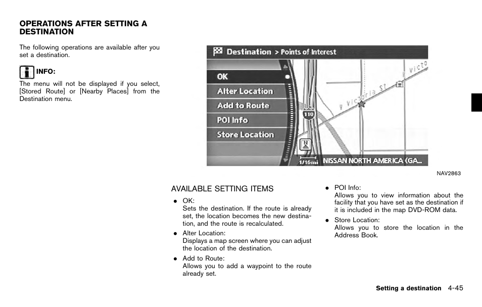 Operations after setting a destination -45, Available setting items -45 | NISSAN 2012 Titan - Navigation System Owner's Manual User Manual | Page 113 / 251
