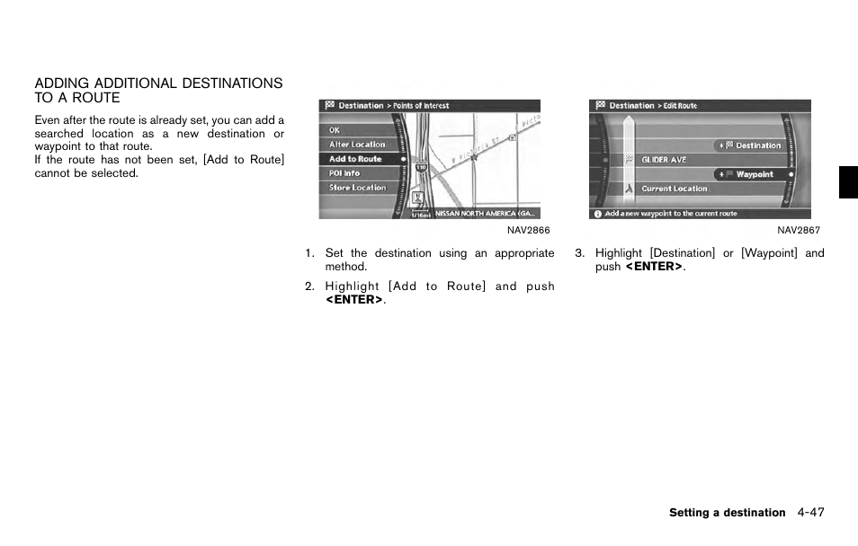 Adding additional destinations to a route -47 | NISSAN 2012 Titan - Navigation System Owner's Manual User Manual | Page 115 / 251