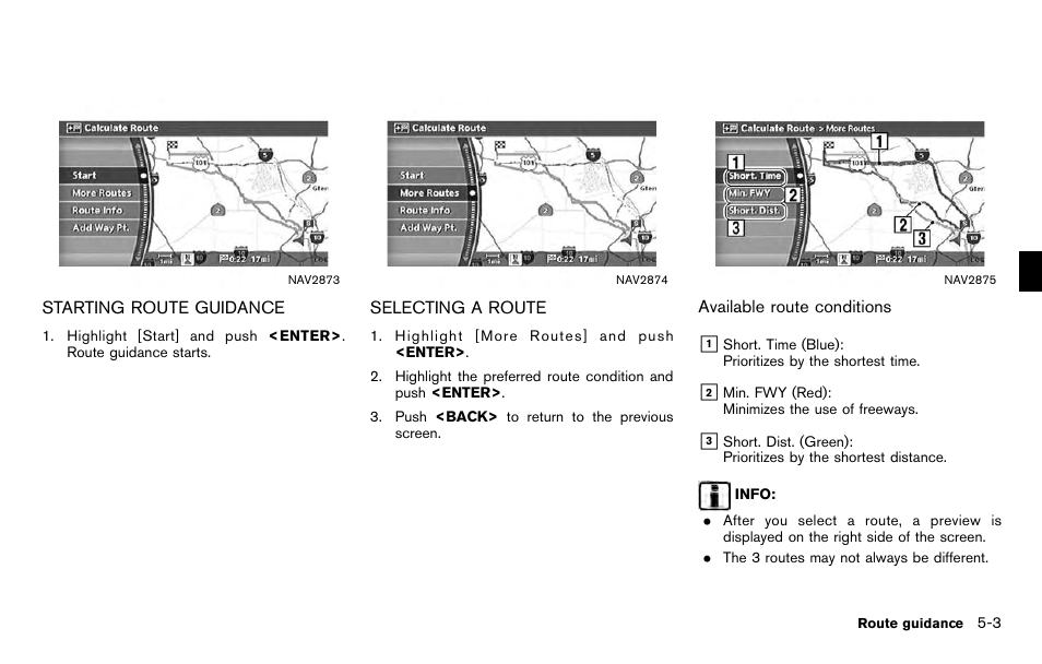 Starting route guidance -3 selecting a route -3 | NISSAN 2012 Titan - Navigation System Owner's Manual User Manual | Page 121 / 251