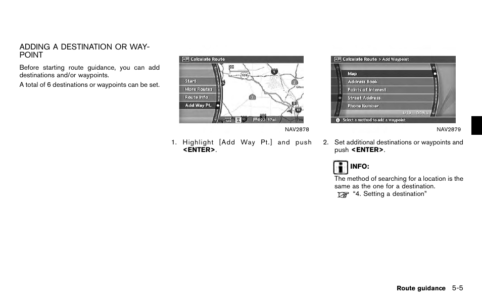 Adding a destination or waypoint -5 | NISSAN 2012 Titan - Navigation System Owner's Manual User Manual | Page 123 / 251