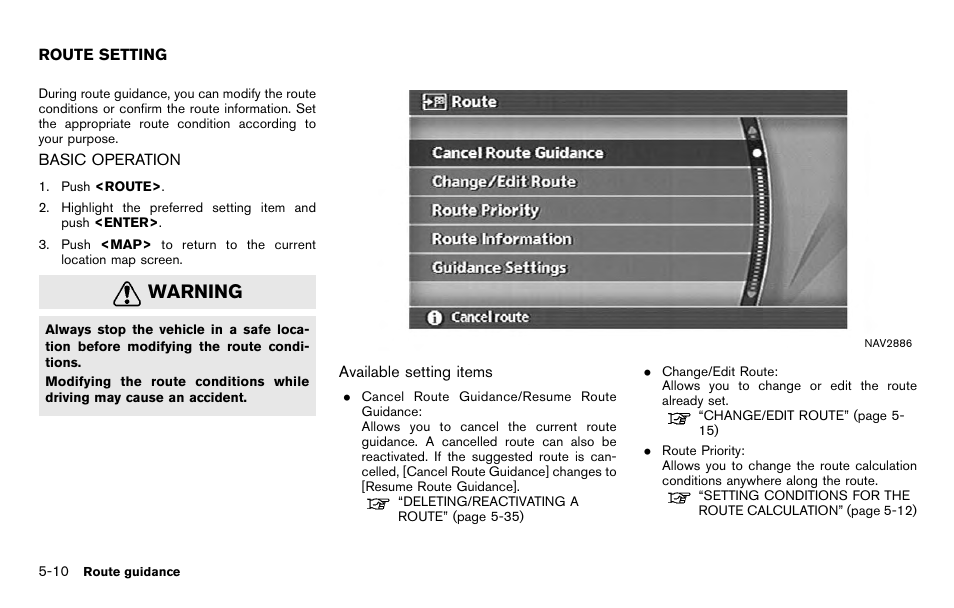 Route setting -10, Basic operation -10, Warning | NISSAN 2012 Titan - Navigation System Owner's Manual User Manual | Page 128 / 251