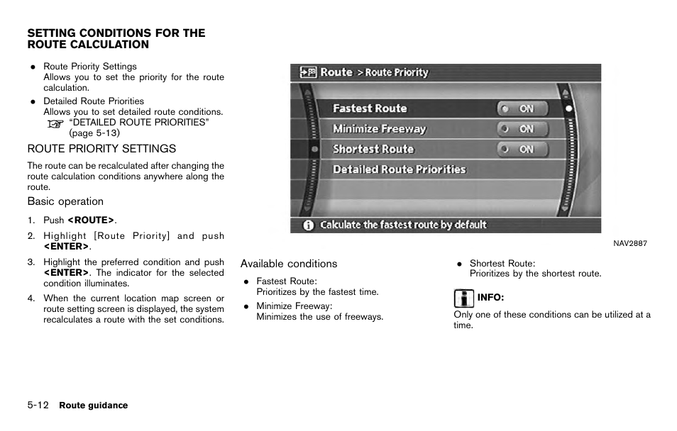 Setting conditions for the route calculation -12, Route priority settings -12 | NISSAN 2012 Titan - Navigation System Owner's Manual User Manual | Page 130 / 251