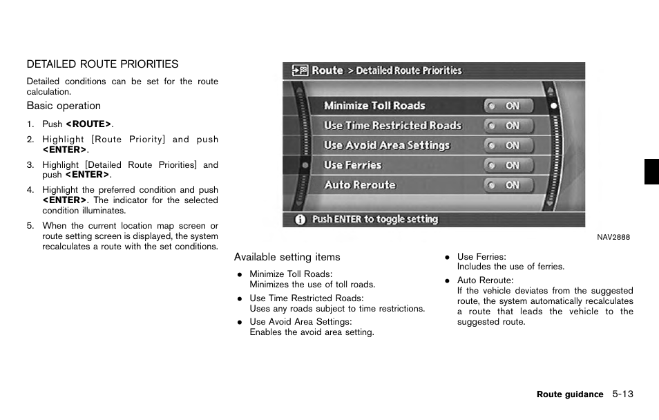Detailed route priorities -13 | NISSAN 2012 Titan - Navigation System Owner's Manual User Manual | Page 131 / 251