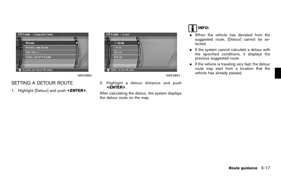Setting a detour route -17 | NISSAN 2012 Titan - Navigation System Owner's Manual User Manual | Page 135 / 251