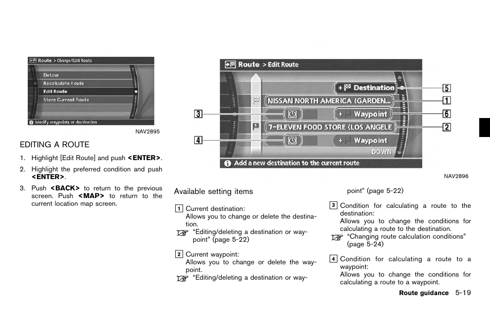 Editing a route -19 | NISSAN 2012 Titan - Navigation System Owner's Manual User Manual | Page 137 / 251