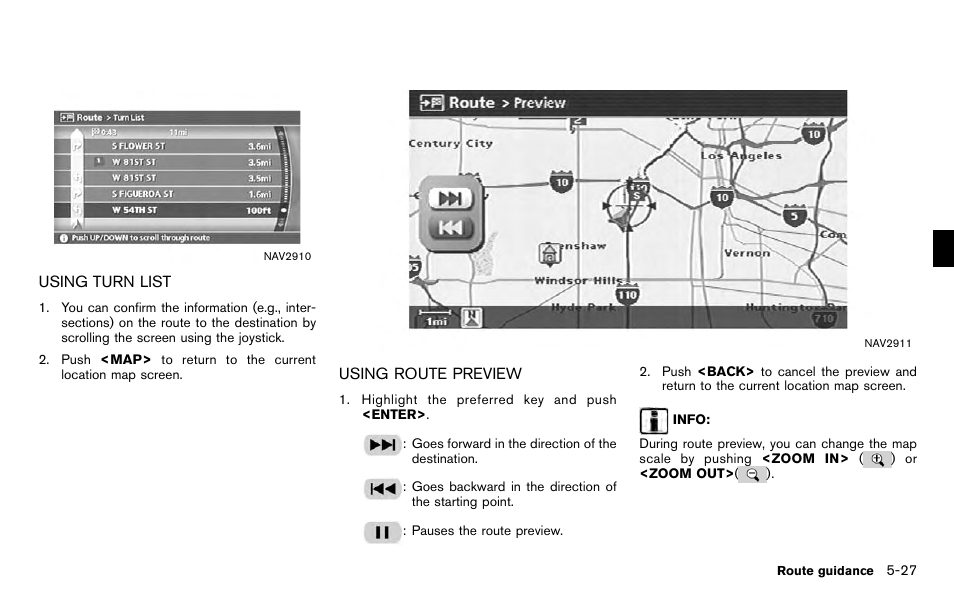 Using turn list -27 using route preview -27 | NISSAN 2012 Titan - Navigation System Owner's Manual User Manual | Page 145 / 251