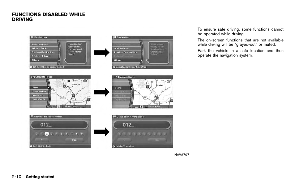 Functions disabled while driving -10 | NISSAN 2012 Titan - Navigation System Owner's Manual User Manual | Page 18 / 251