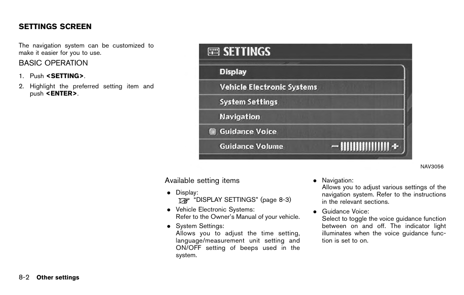Settings screen -2, Basic operation -2 | NISSAN 2012 Titan - Navigation System Owner's Manual User Manual | Page 194 / 251