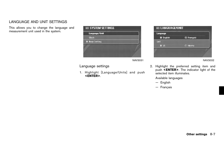 Language and unit settings -7 | NISSAN 2012 Titan - Navigation System Owner's Manual User Manual | Page 199 / 251