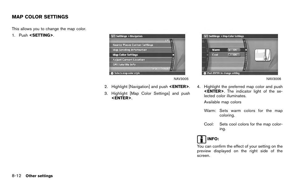 Map color settings -12 | NISSAN 2012 Titan - Navigation System Owner's Manual User Manual | Page 204 / 251