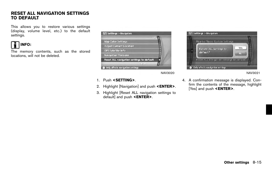 Reset all navigation settings to default -15 | NISSAN 2012 Titan - Navigation System Owner's Manual User Manual | Page 207 / 251