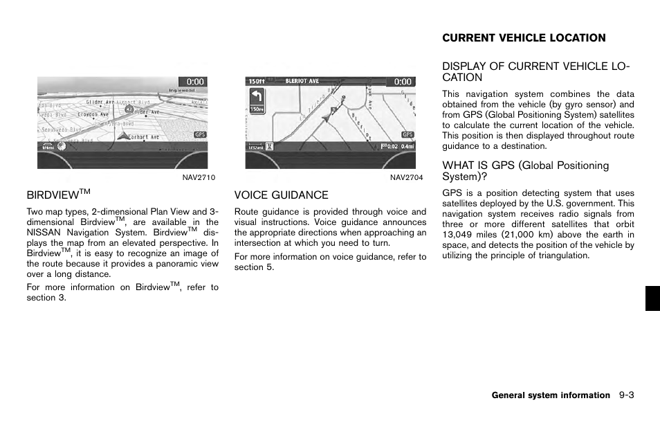Birdview, Voice guidance -3, Current vehicle location -3 | NISSAN 2012 Titan - Navigation System Owner's Manual User Manual | Page 211 / 251