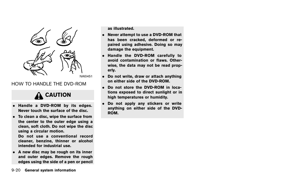 How to handle the dvd-rom -20, Caution | NISSAN 2012 Titan - Navigation System Owner's Manual User Manual | Page 228 / 251