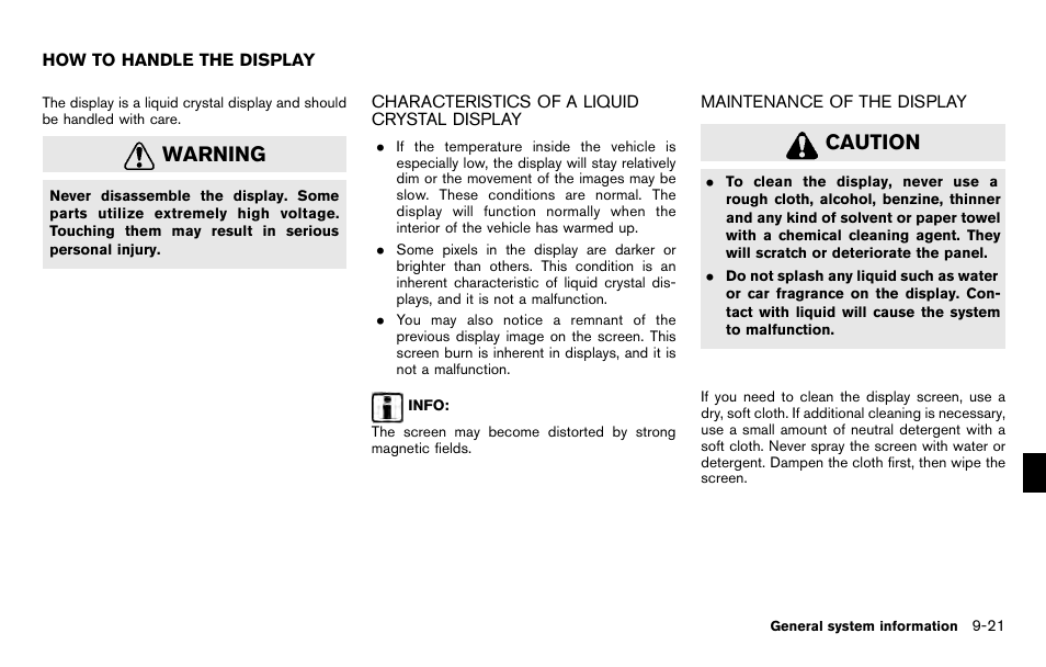 How to handle the display -21, Warning, Caution | NISSAN 2012 Titan - Navigation System Owner's Manual User Manual | Page 229 / 251
