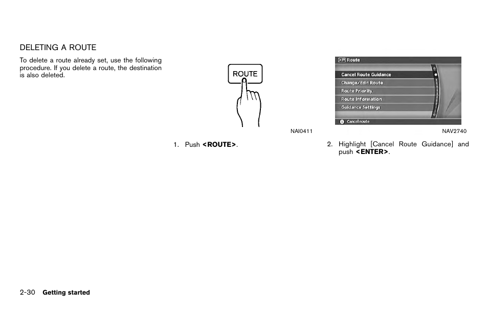 Deleting a route -30 | NISSAN 2012 Titan - Navigation System Owner's Manual User Manual | Page 38 / 251