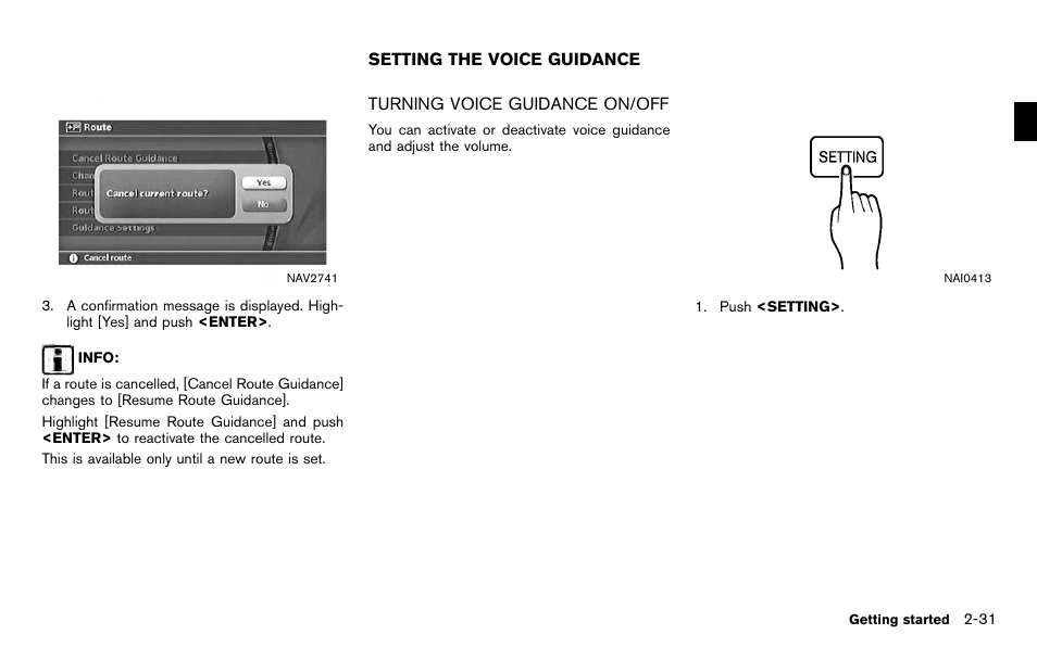 Setting the voice guidance -31, Turning voice guidance on/off -31 | NISSAN 2012 Titan - Navigation System Owner's Manual User Manual | Page 39 / 251