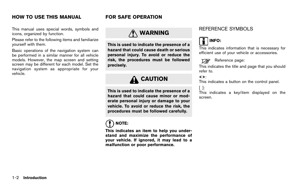 How to use this manual -2 for safe operation -2, Reference symbols -2, Warning | Caution | NISSAN 2012 Titan - Navigation System Owner's Manual User Manual | Page 6 / 251
