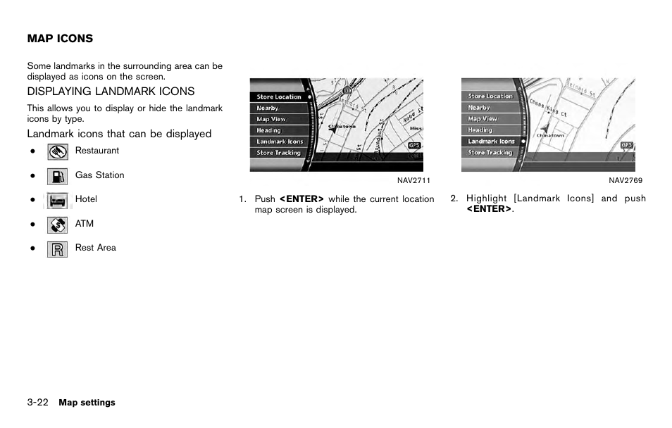 Map icons -22, Displaying landmark icons -22 | NISSAN 2012 Titan - Navigation System Owner's Manual User Manual | Page 64 / 251