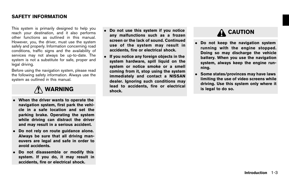 Safety information -3, Warning, Caution | NISSAN 2012 Titan - Navigation System Owner's Manual User Manual | Page 7 / 251