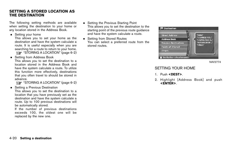 Setting a stored location as the destination -20, Setting your home -20 | NISSAN 2012 Titan - Navigation System Owner's Manual User Manual | Page 88 / 251