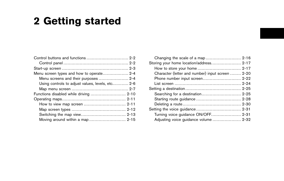 Getting started, 2 getting started | NISSAN 2012 Titan - Navigation System Owner's Manual User Manual | Page 9 / 251