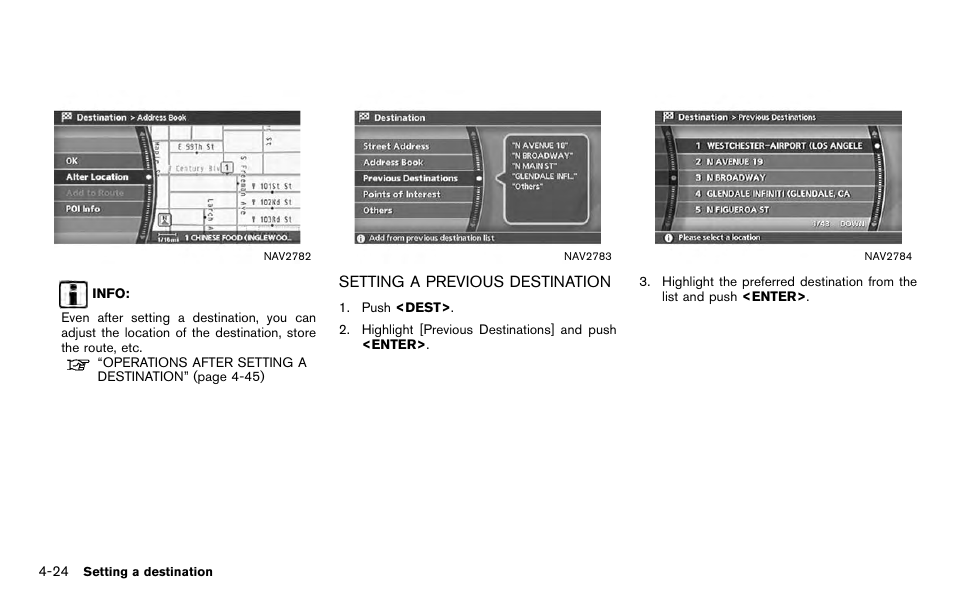 Setting a previous destination -24 | NISSAN 2012 Titan - Navigation System Owner's Manual User Manual | Page 92 / 251