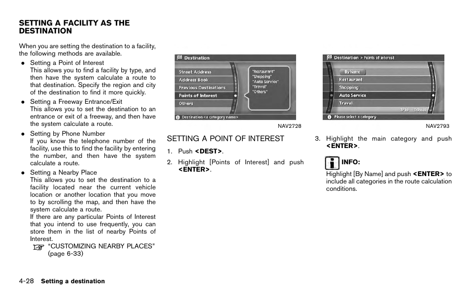 Setting a facility as the destination -28, Setting a point of interest -28 | NISSAN 2012 Titan - Navigation System Owner's Manual User Manual | Page 96 / 251