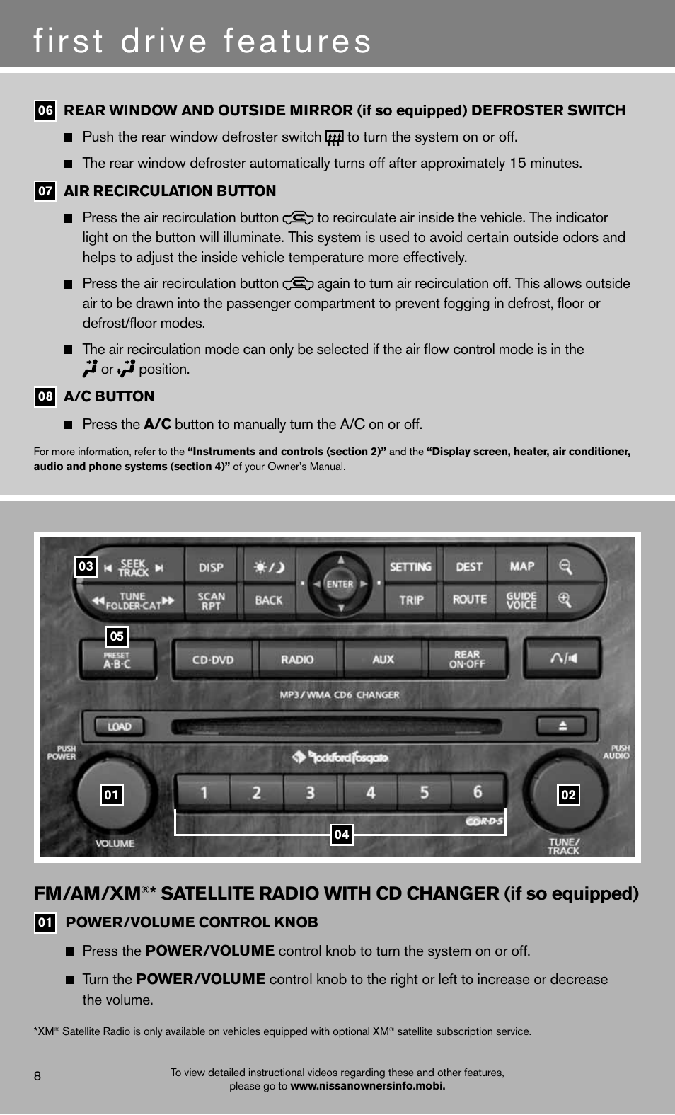 First drive features, Fm/am/xm, Satellite radio with cd changer (if so equipped) | NISSAN 2012 Titan - Quick Reference Guide User Manual | Page 10 / 20
