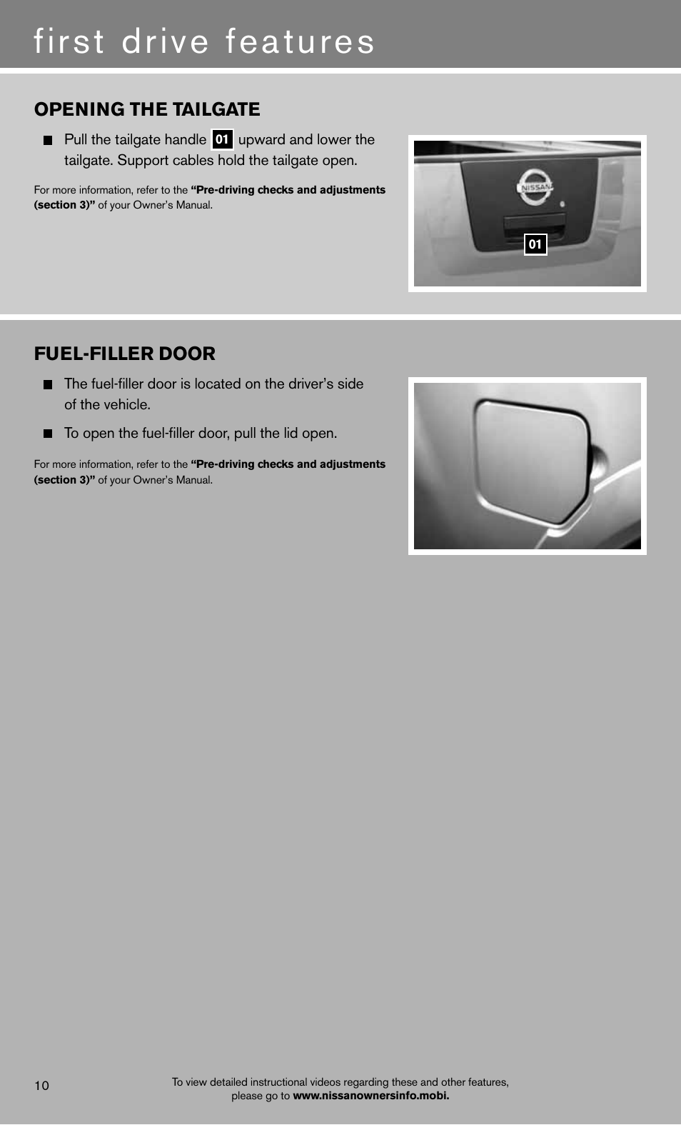 First drive features, Opening the tailgate, Fuel-filler door | NISSAN 2012 Titan - Quick Reference Guide User Manual | Page 12 / 20