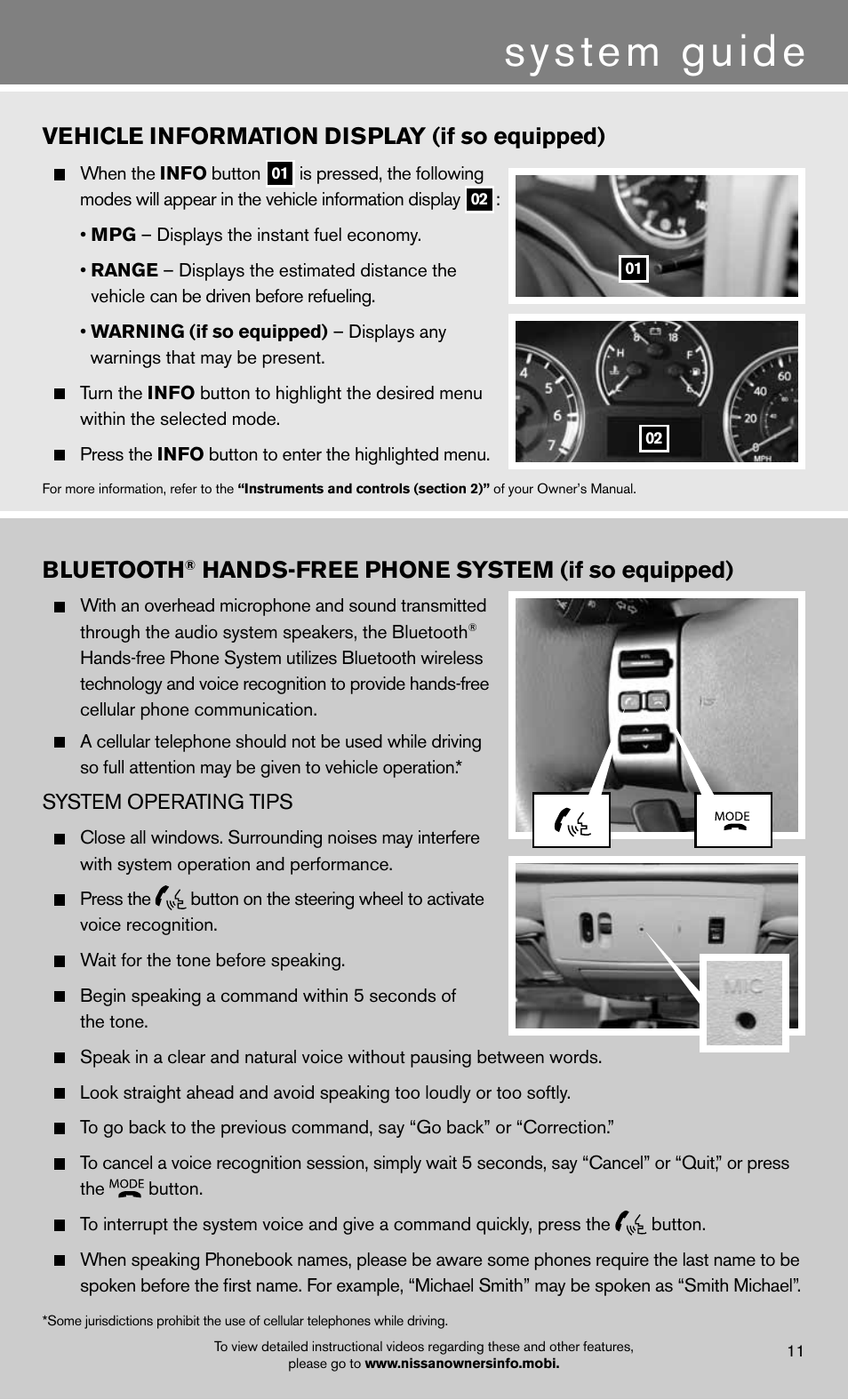 System guide, Bluetooth, Hands-free phone system (if so equipped) | Vehicle information display (if so equipped) | NISSAN 2012 Titan - Quick Reference Guide User Manual | Page 13 / 20