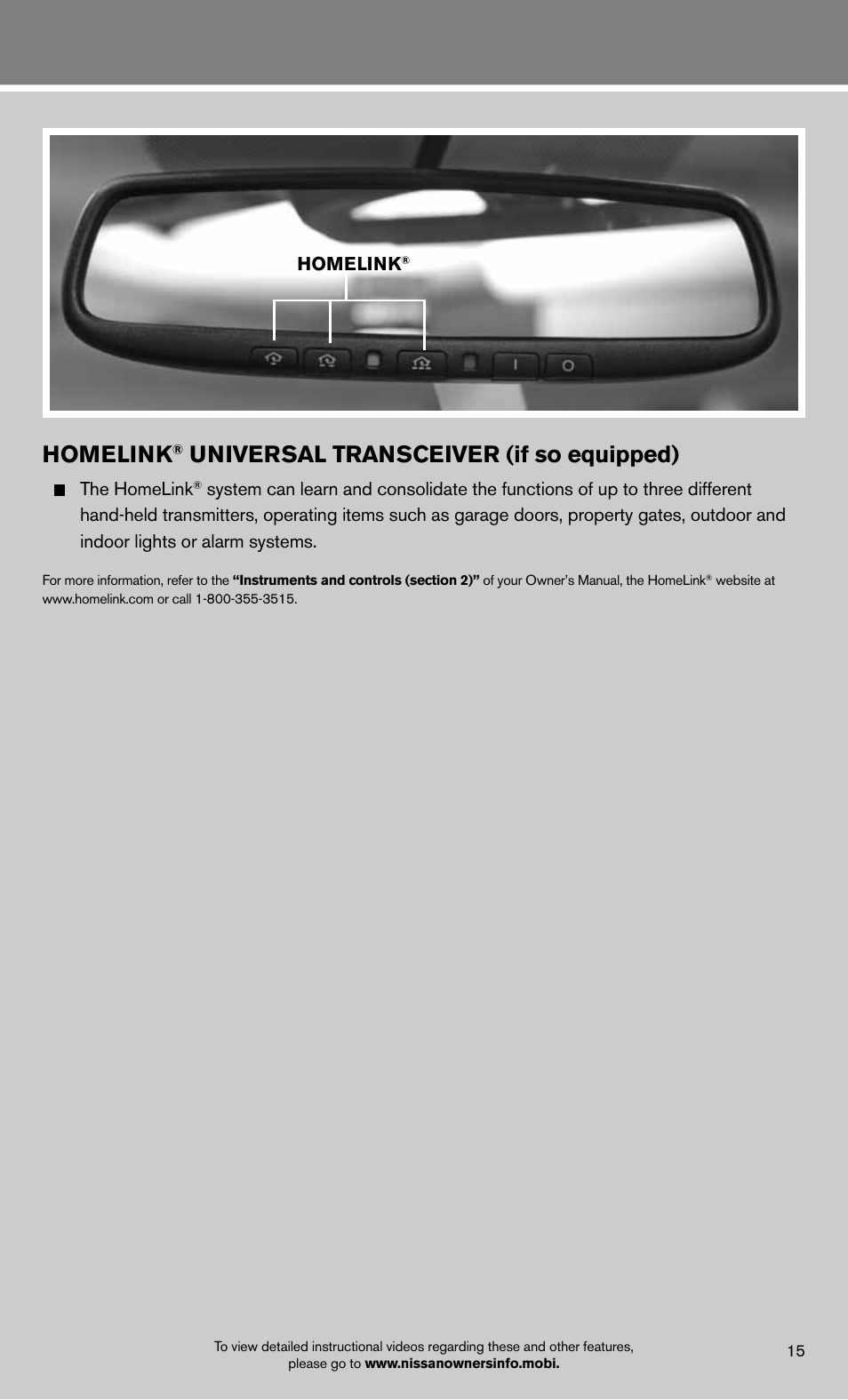 Homelink, Universal transceiver (if so equipped), The homelink | NISSAN 2012 Titan - Quick Reference Guide User Manual | Page 17 / 20