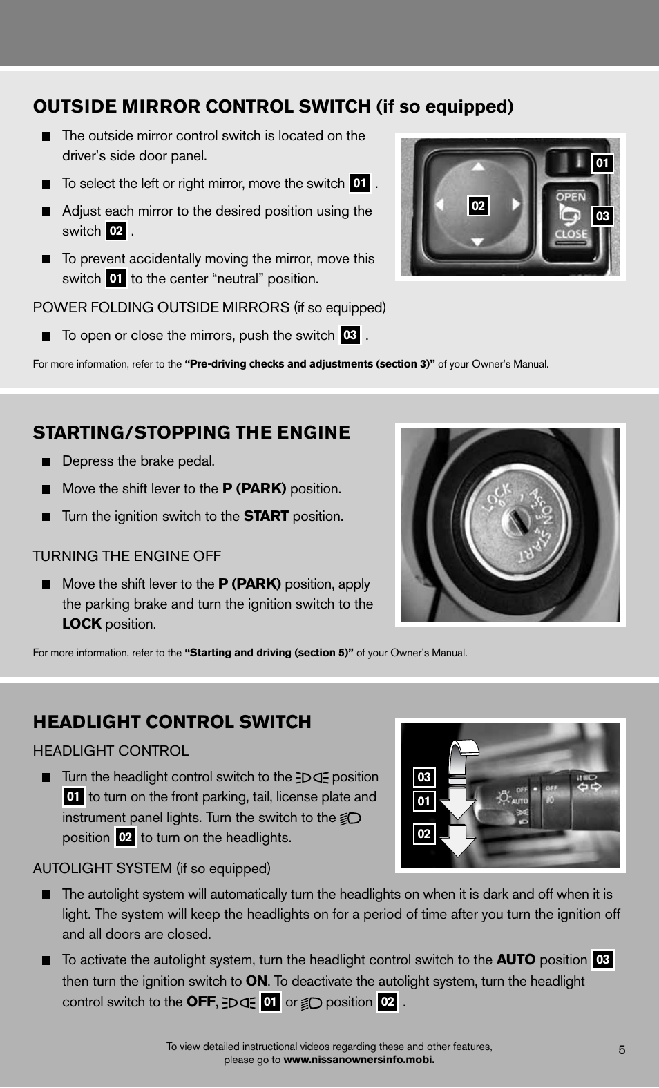 Outside mirror control switch (if so equipped), Starting/stopping the engine, Headlight control switch | NISSAN 2012 Titan - Quick Reference Guide User Manual | Page 7 / 20