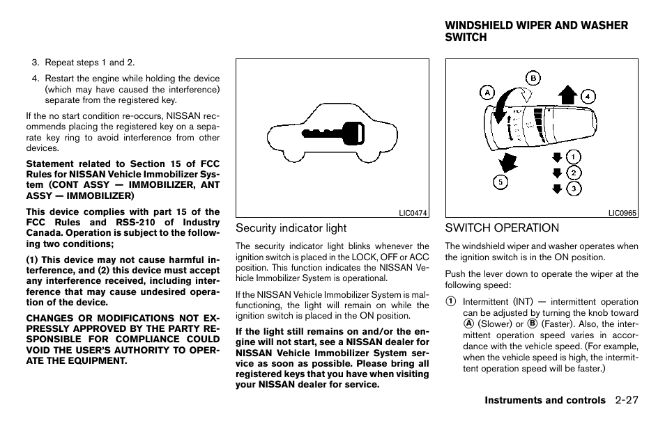 Windshield wiper and washer switch -27, Switch operation -27 | NISSAN 2013 Titan - Owner's Manual User Manual | Page 108 / 458