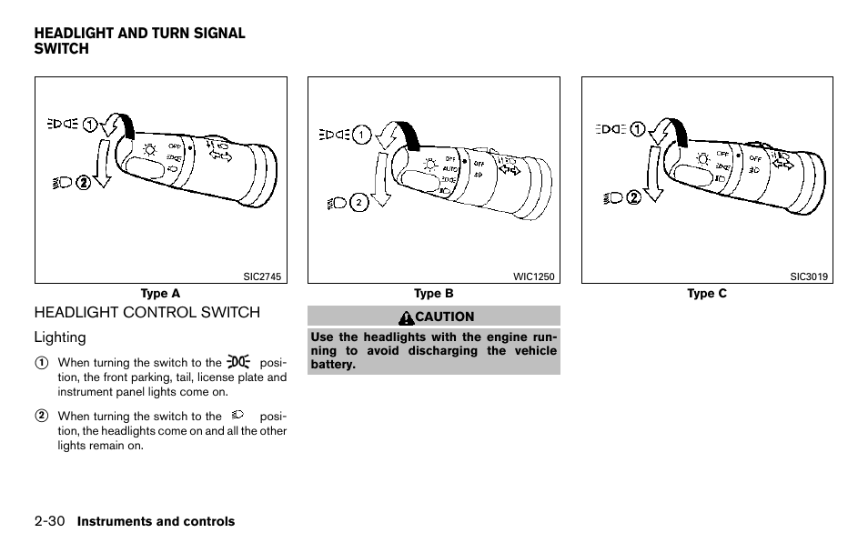 Headlight and turn signal switch -30, Headlight control switch -30 | NISSAN 2013 Titan - Owner's Manual User Manual | Page 111 / 458