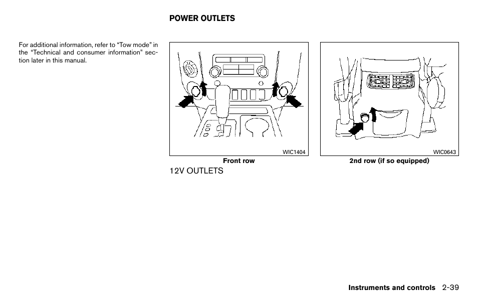 Power outlets -39, 12v outlets -39 | NISSAN 2013 Titan - Owner's Manual User Manual | Page 120 / 458