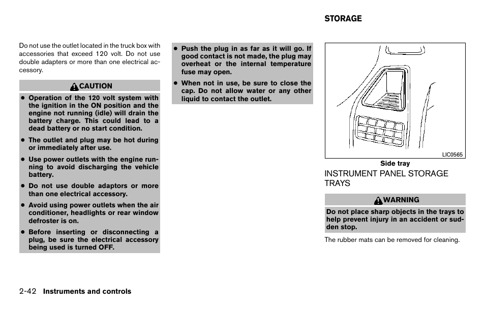 Storage -42, Instrument panel storage trays -42 | NISSAN 2013 Titan - Owner's Manual User Manual | Page 123 / 458