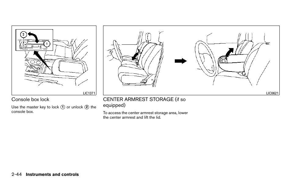 Center armrest storage (if so equipped) -44 | NISSAN 2013 Titan - Owner's Manual User Manual | Page 125 / 458