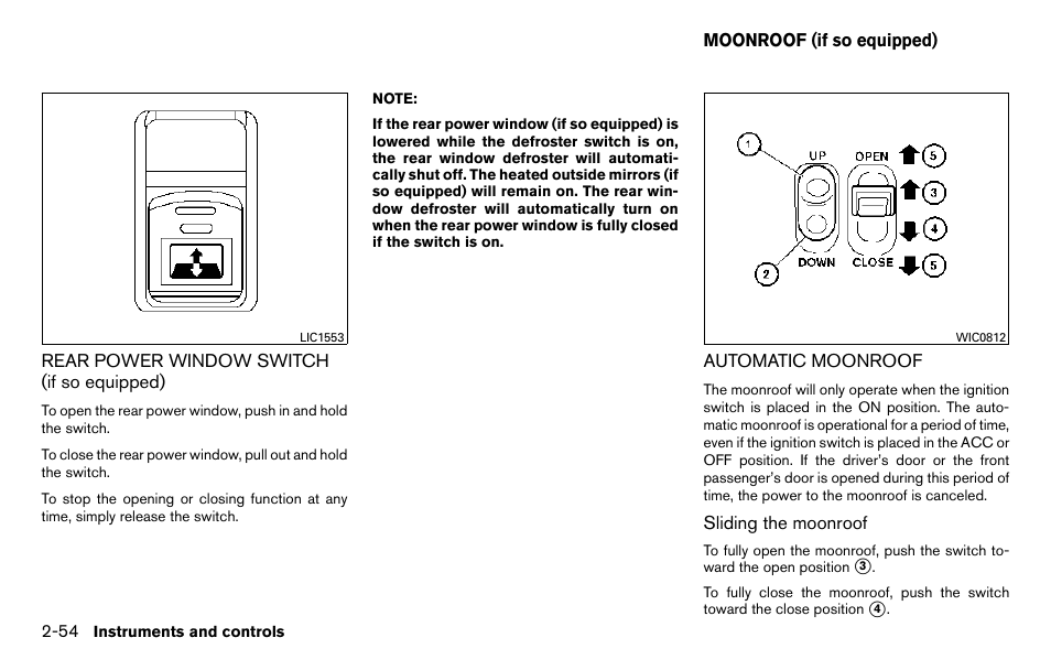 Rear power window switch (if so equipped) -54, Moonroof (if so equipped) -54, Automatic moonroof -54 | NISSAN 2013 Titan - Owner's Manual User Manual | Page 135 / 458