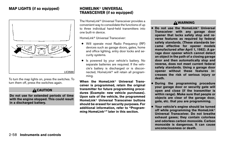 Map lights (if so equipped) -58 homelink, Universal transceiver (if so equipped) -58 | NISSAN 2013 Titan - Owner's Manual User Manual | Page 139 / 458